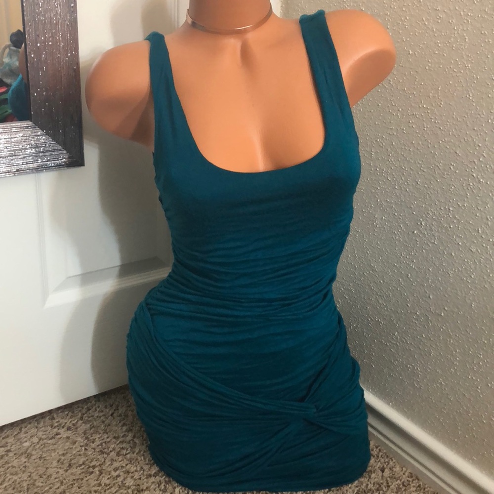 Teal Turquoise Ruched Dress - Picture 2 of 4